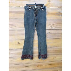 A.Aubrey Vintage Y2K Lace Up Flare Jeans Blue Red Embroidered Raw Hem 30x32